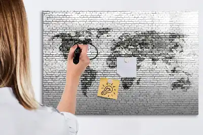 Magnetic glass dry erase board with world map on brick wall design