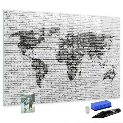 Magnetic glass dry erase board with world map on brick wall design