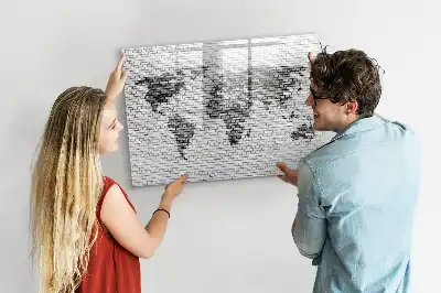 Magnetic glass dry erase board with world map on brick wall design