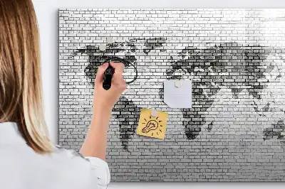 Magnetic glass dry erase board with world map on brick wall design