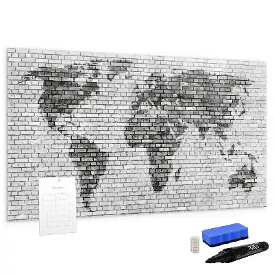 Magnetic glass dry erase board with world map on brick wall design