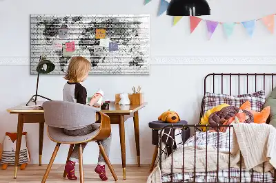 Magnetic glass dry erase board with world map on brick wall design