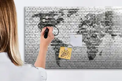 Magnetic glass dry erase board with world map on brick wall design