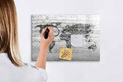 Magnetic glass dry erase board with world map on brick wall design