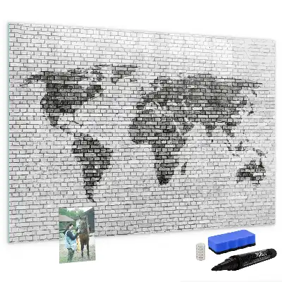 Magnetic glass dry erase board with world map on brick wall design