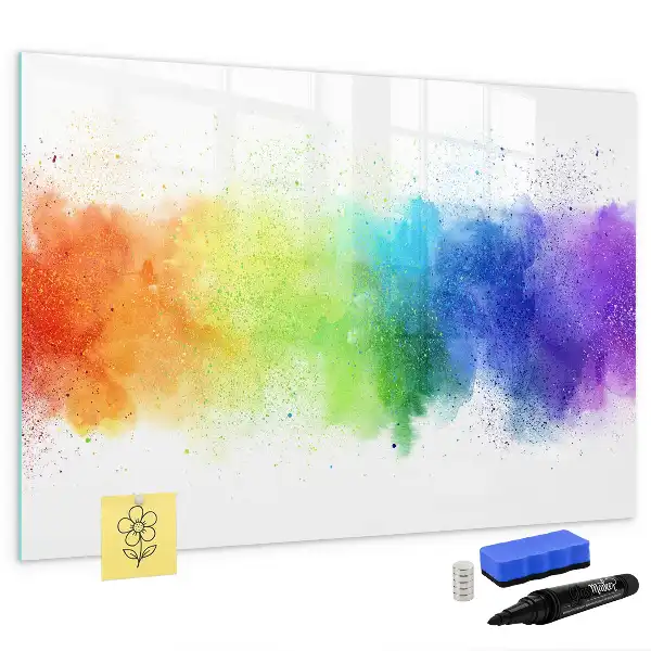Magnetic glass dry erase board with an abstract rainbow design