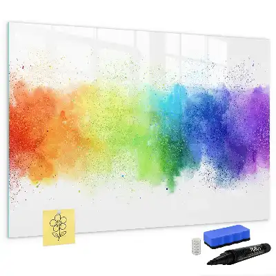 Magnetic glass dry erase board with an abstract rainbow design