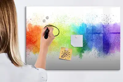 Magnetic glass dry erase board with an abstract rainbow design