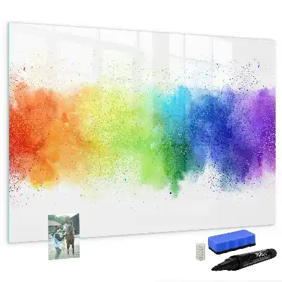 Magnetic glass dry erase board with an abstract rainbow design