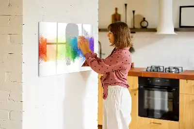 Magnetic glass dry erase board with an abstract rainbow design