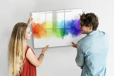 Magnetic glass dry erase board with an abstract rainbow design