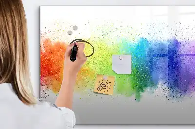 Magnetic glass dry erase board with an abstract rainbow design