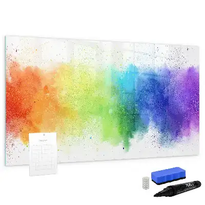 Magnetic glass dry erase board with an abstract rainbow design