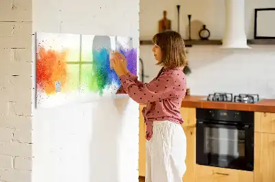 Magnetic glass dry erase board with an abstract rainbow design