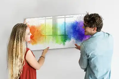 Magnetic glass dry erase board with an abstract rainbow design