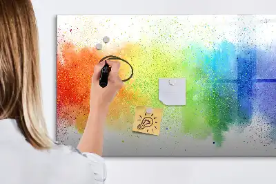 Magnetic glass dry erase board with an abstract rainbow design