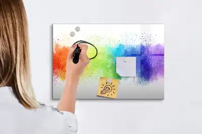 Magnetic glass dry erase board with an abstract rainbow design
