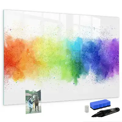 Magnetic glass dry erase board with an abstract rainbow design