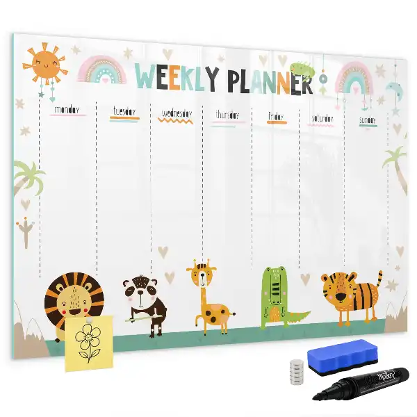 Magnetic glass dry erase board weekly planner with animal designs