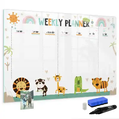 Magnetic glass dry erase board weekly planner with animal designs