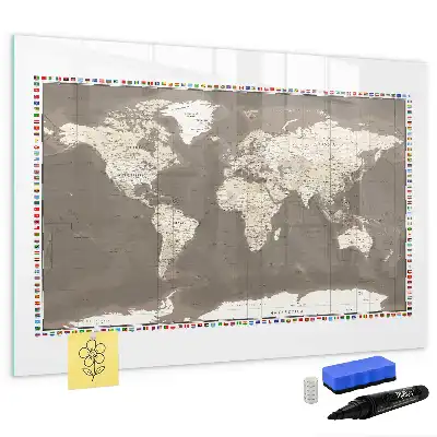 Magnetic glass dry erase board with a brown world map design
