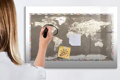 Magnetic glass dry erase board with a brown world map design