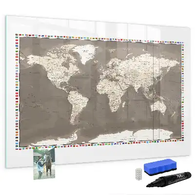 Magnetic glass dry erase board with a brown world map design