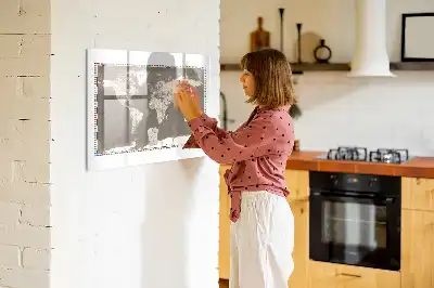 Magnetic glass dry erase board with a brown world map design