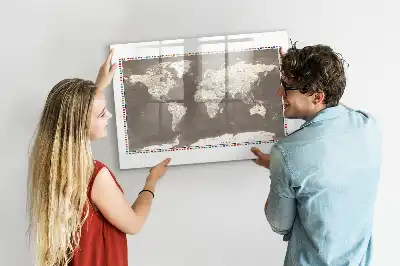 Magnetic glass dry erase board with a brown world map design