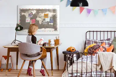 Magnetic glass dry erase board with a brown world map design