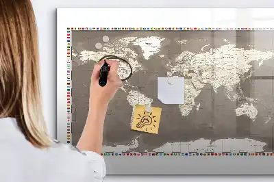 Magnetic glass dry erase board with a brown world map design