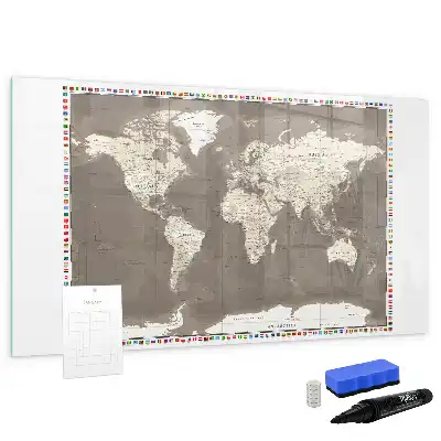 Magnetic glass dry erase board with a brown world map design