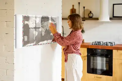Magnetic glass dry erase board with a brown world map design