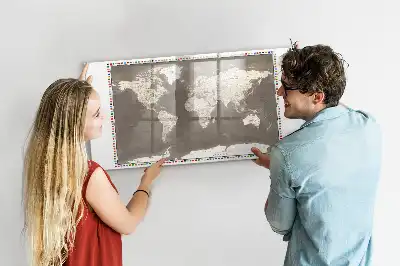 Magnetic glass dry erase board with a brown world map design