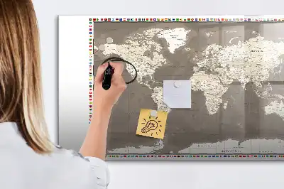 Magnetic glass dry erase board with a brown world map design