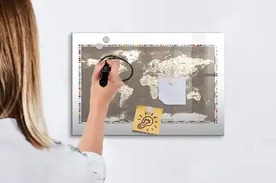 Magnetic glass dry erase board with a brown world map design