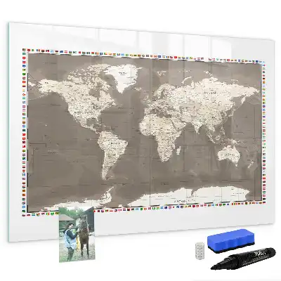 Magnetic glass dry erase board with a brown world map design
