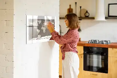 Magnetic glass dry erase board with a brown world map design