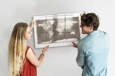 Magnetic glass dry erase board with a brown world map design