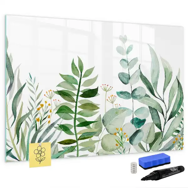 Magnetic glass dry erase board with watercolor leaves design