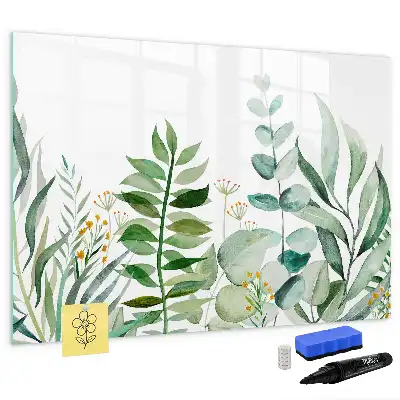 Magnetic glass dry erase board with watercolor leaves design