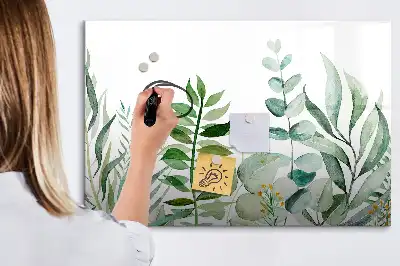 Magnetic glass dry erase board with watercolor leaves design
