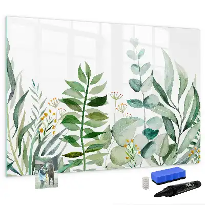 Magnetic glass dry erase board with watercolor leaves design