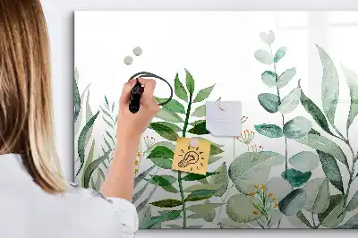 Magnetic glass dry erase board with watercolor leaves design