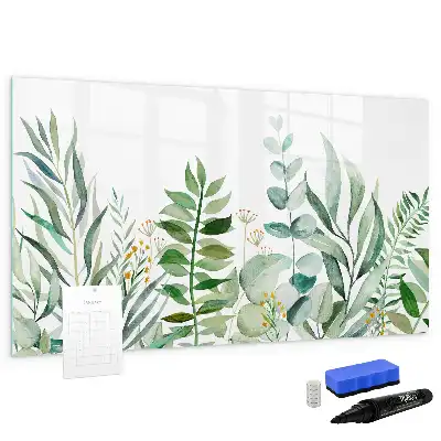 Magnetic glass dry erase board with watercolor leaves design