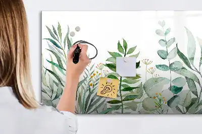 Magnetic glass dry erase board with watercolor leaves design