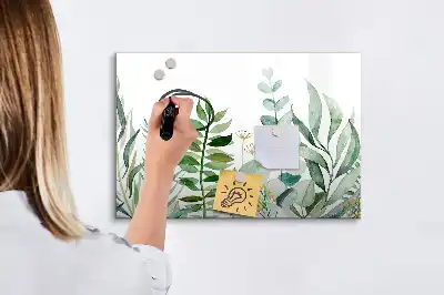 Magnetic glass dry erase board with watercolor leaves design