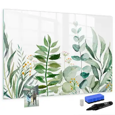 Magnetic glass dry erase board with watercolor leaves design