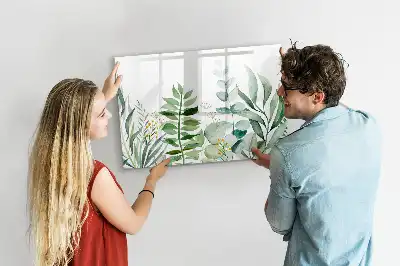 Magnetic glass dry erase board with watercolor leaves design