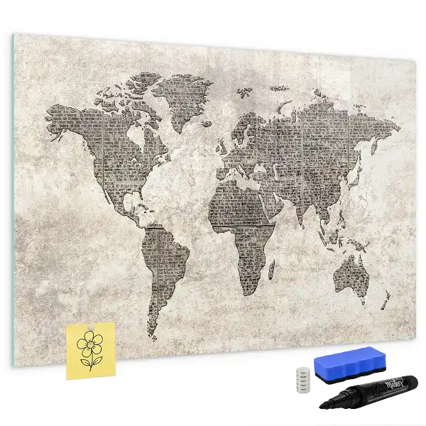 Magnetic marker board featuring a world map made from newspapers
